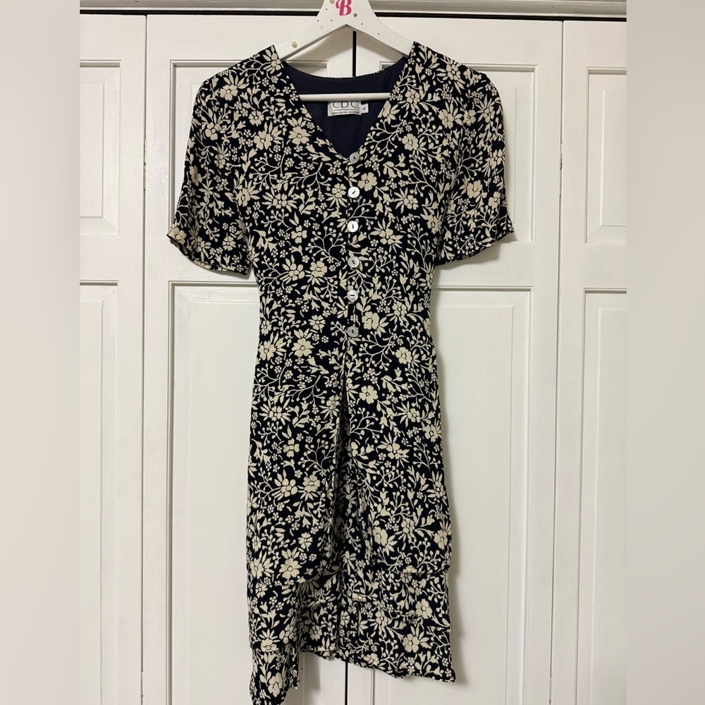 Vintage CDC Black and Cream Dark Floral Mini Dress Y2K Fairy Grunge Cottagecore